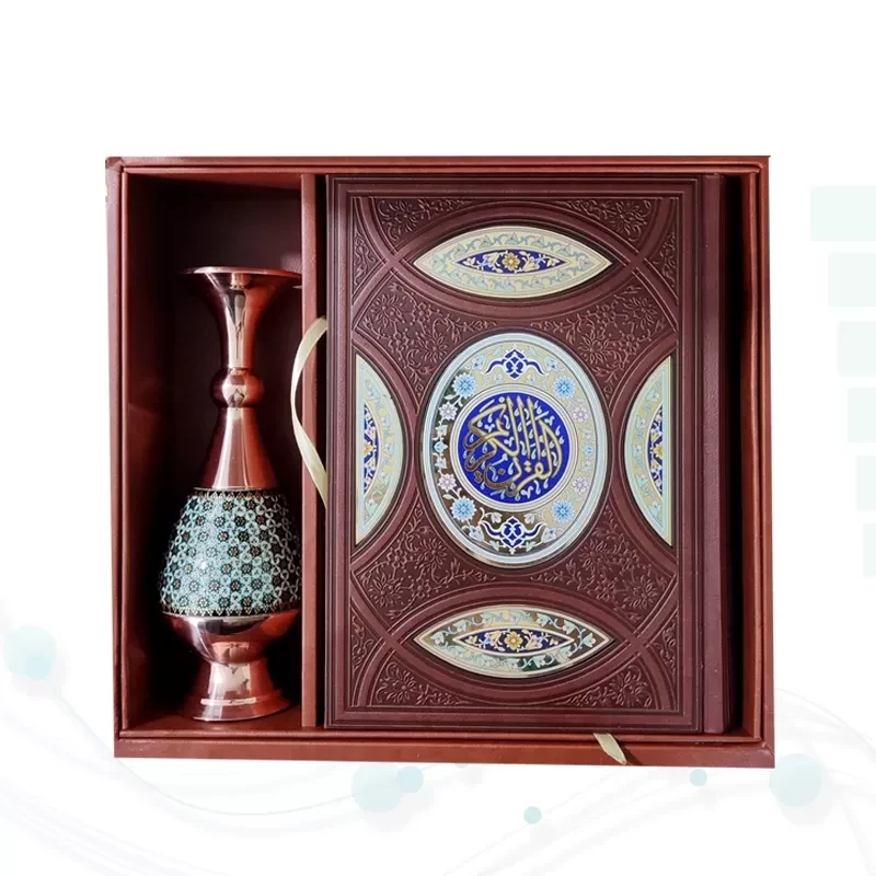قرآن وزیری گلاسه چرم جعبه دار نفیس با گلدان خاتم
