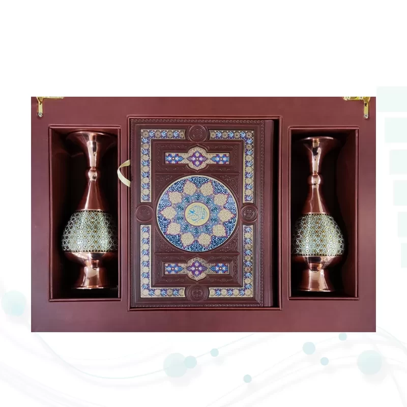 ست قرآن وزیری چرم جعبه دار نفیس به همراه 2گلدان خاتم