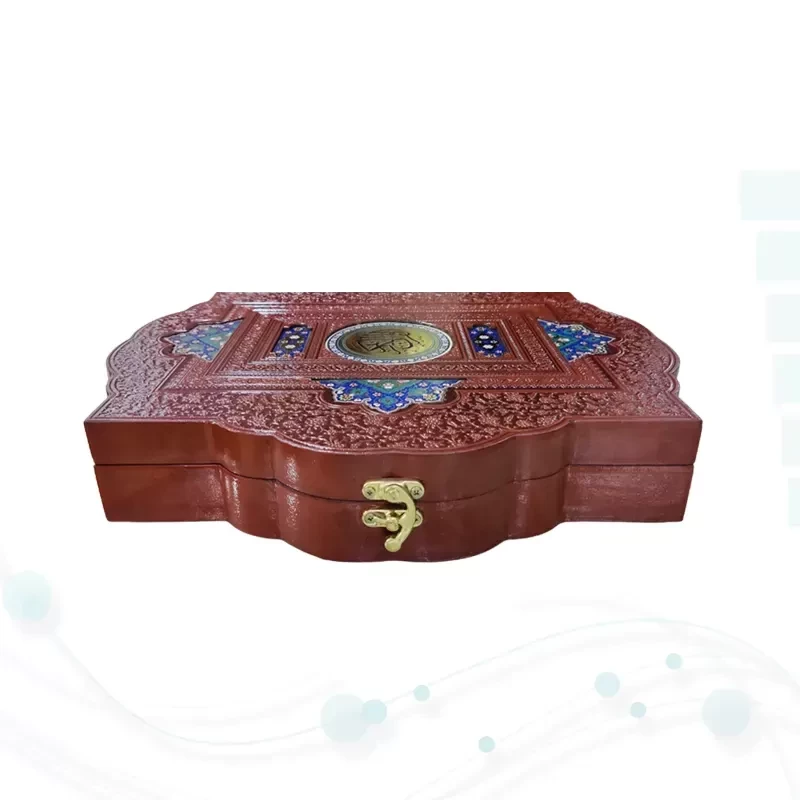 قرآن وزیری گلاسه چرم جعبه دار طرح صدف با آینه پلاک دار
