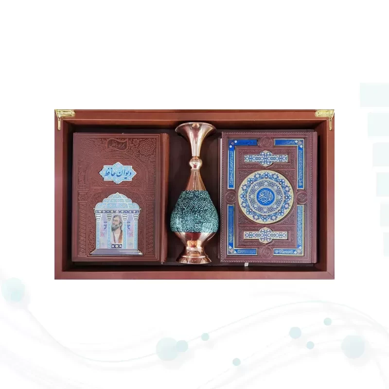 قرآن و حافظ وزیری چرم با گلدان بزرگ فیروزه