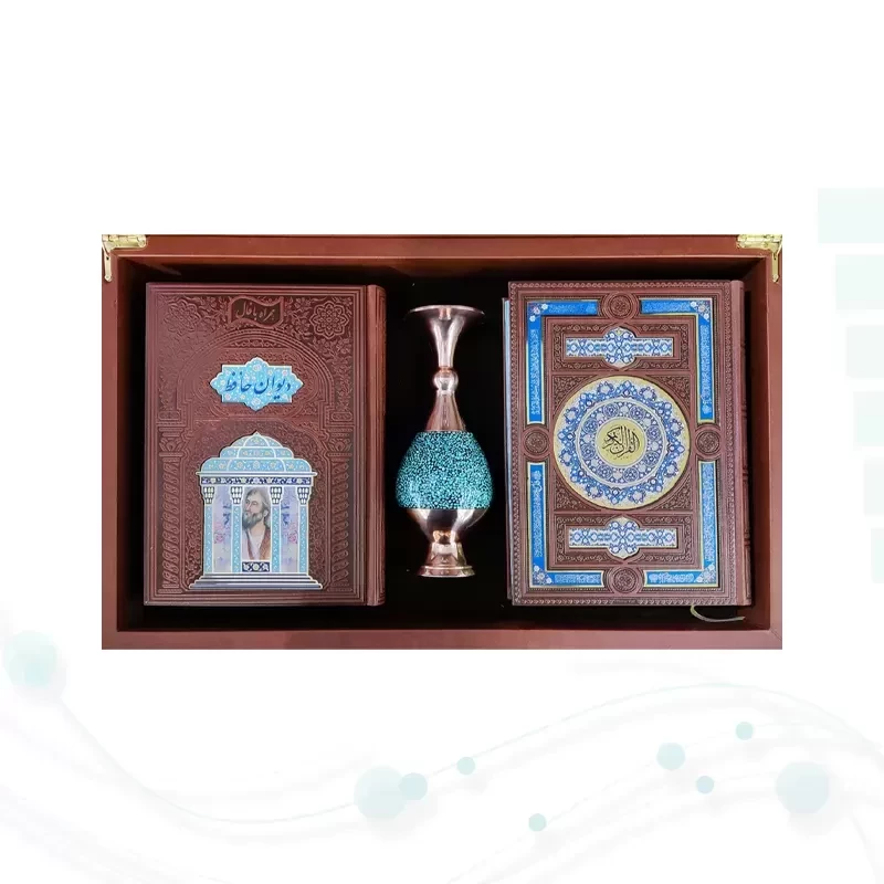 قرآن و حافظ وزیری چرم با گلدان فیروزه جعبه نفیس