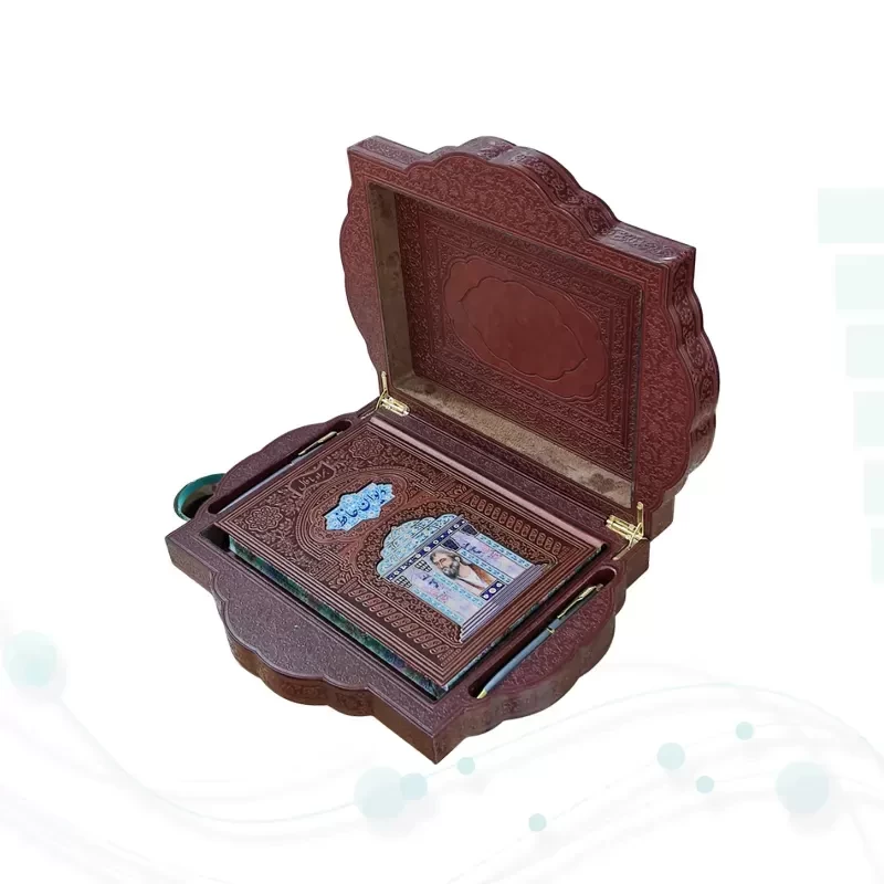 حافظ وزیری گلاسه چرم جعبه دار طرح صدف با آینه پلاک دار با خودکار و روان نویس