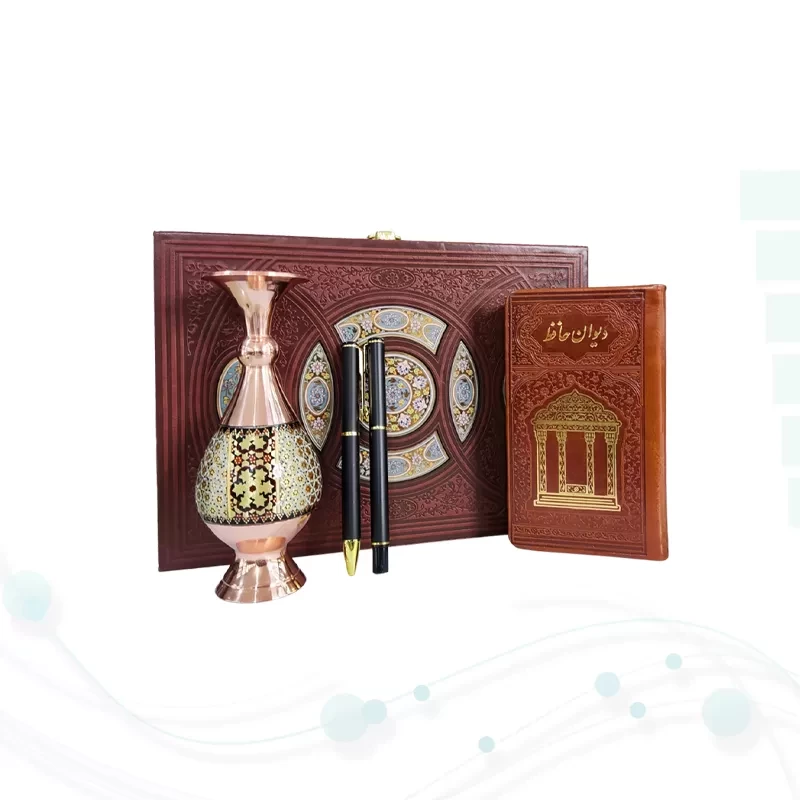 حافظ پالتویی چرم با گلدان خاتم و خودکار و روان نویس