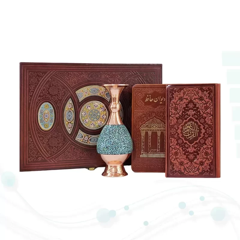 قرآن و حافظ پالتویی چرم با گلدان فیروزه