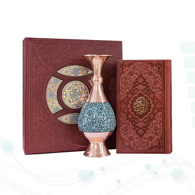 قرآن پالتویی چرم با گلدان فیروزه