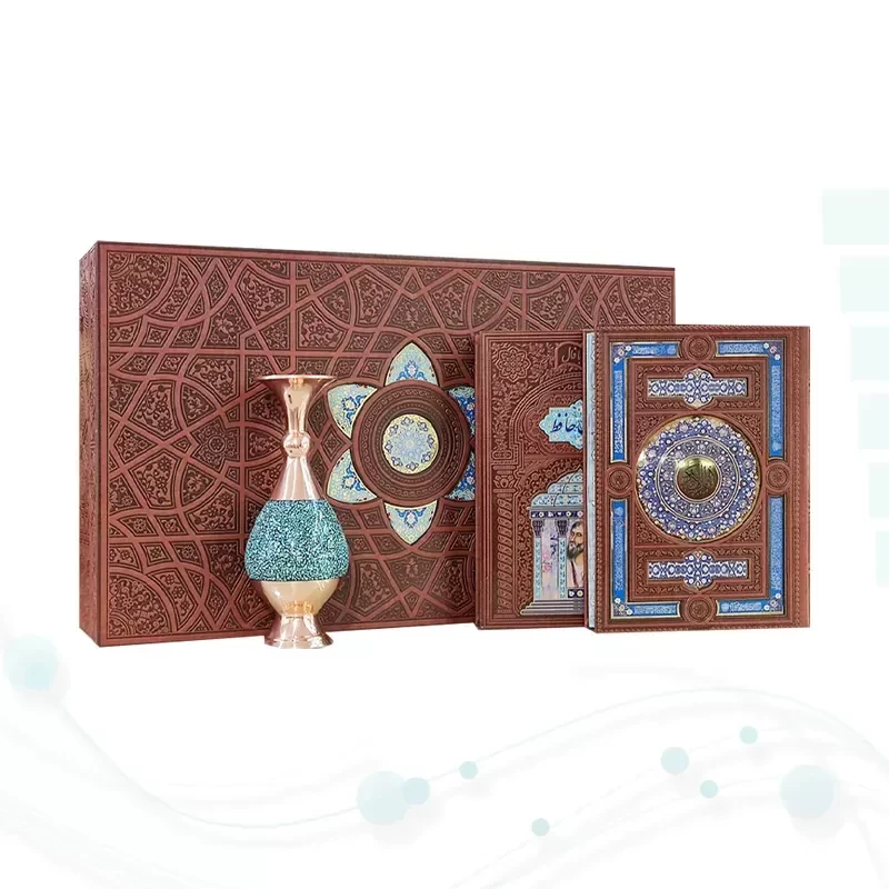 قرآن و حافظ وزیری چرم با گلدان فیروزه جعبه نفیس