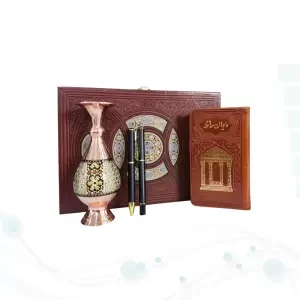 حافظ پالتویی چرم با گلدان خاتم و خودکار و روان نویس