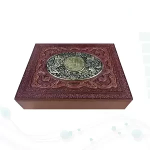 قرآن وزیری گلاسه چرم جعبه لپتاپی پلاک فلزی طرح مس نفیس
