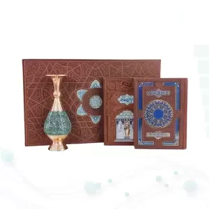 قرآن و حافظ وزیری چرم با گلدان بزرگ فیروزه