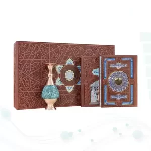 قرآن و حافظ وزیری چرم با گلدان فیروزه جعبه نفیس
